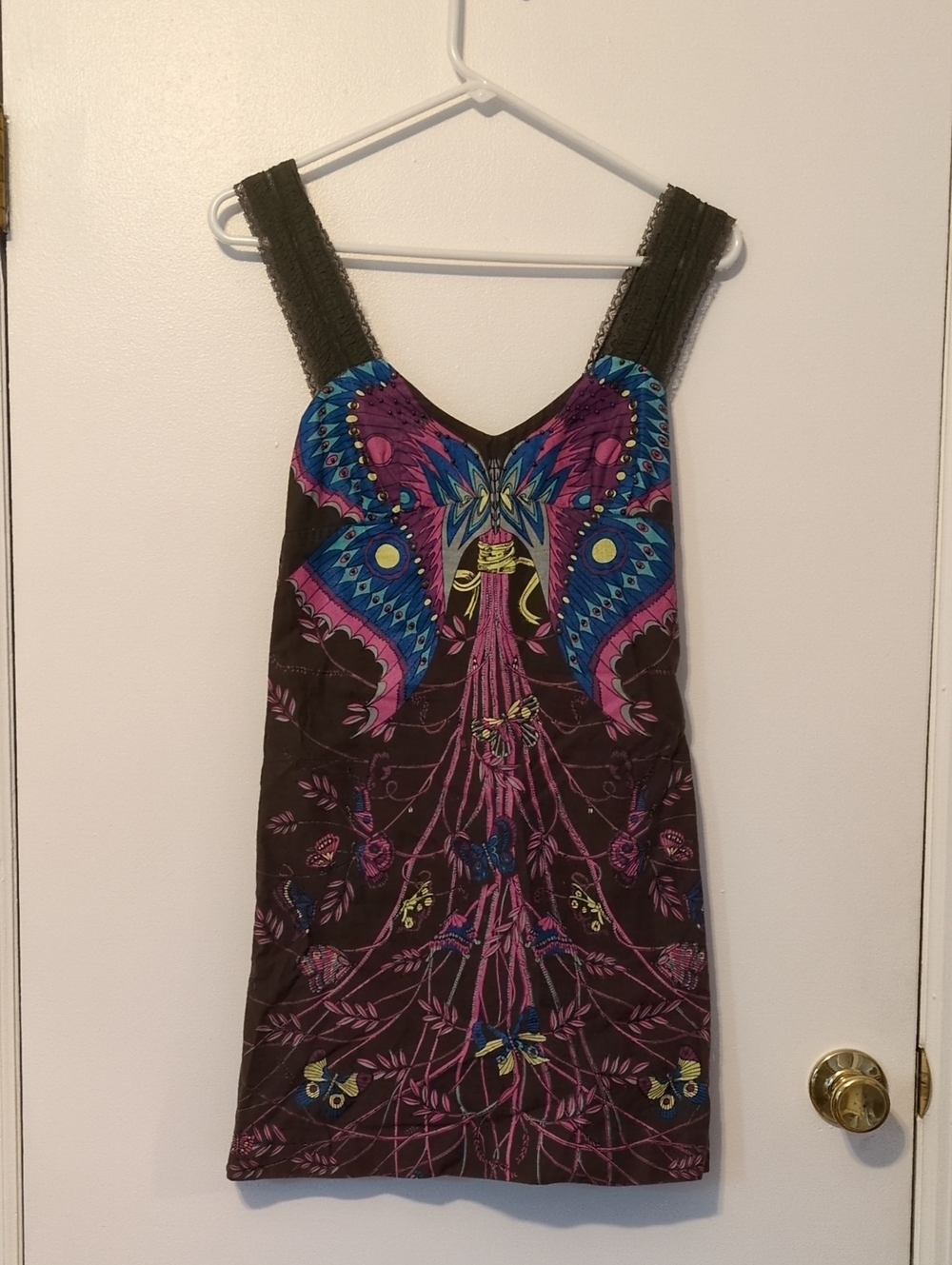 RARE Y2K Free People Lace Mini Dress with Purple, Blue and Pink Butterfly Print